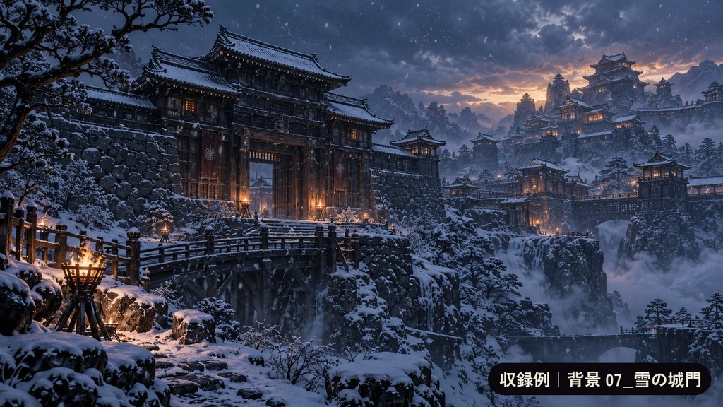 戦国ダークファンタジー素材50点|透過小物30点+背景20枚|刀・鬼面・霊具・廃寺・鬼城|ゲーム・配信・TRPG用