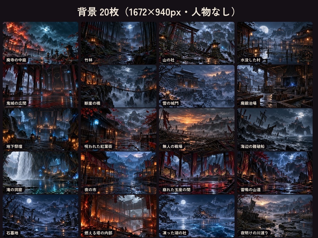 戦国ダークファンタジー素材50点|透過小物30点+背景20枚|刀・鬼面・霊具・廃寺・鬼城|ゲーム・配信・TRPG用