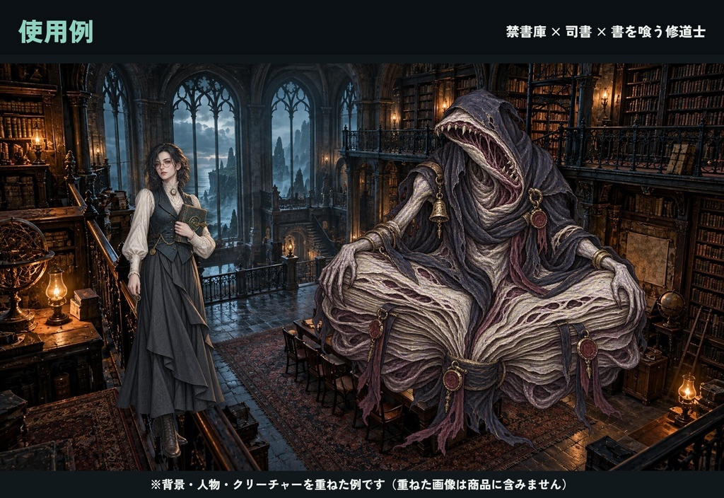 クトゥルフ神話風 素材100点セット|人物10・クリーチャー40・背景50(霧の港町と深海)