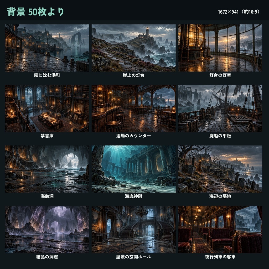 クトゥルフ神話風 素材100点セット|人物10・クリーチャー40・背景50(霧の港町と深海)