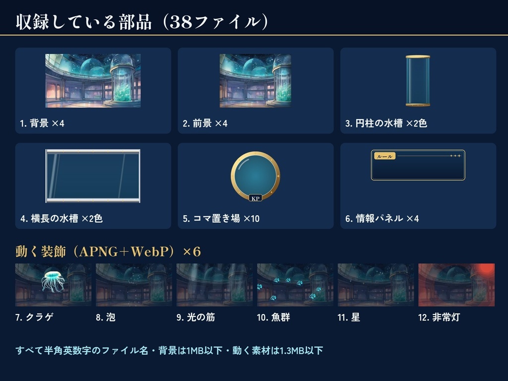 【ココフォリア】夜の水族館 部屋素材セット|昼・夜・停電・深海の4差分+動くクラゲ|無料版あり