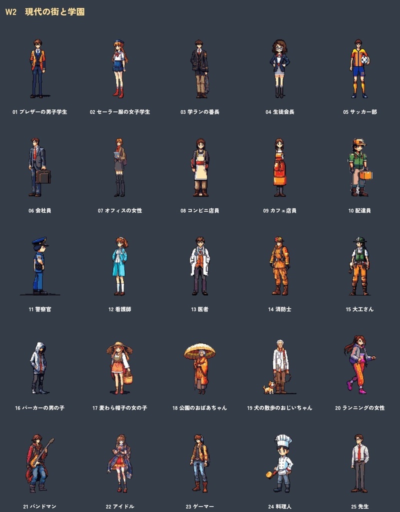 ドット絵キャラクター100体セット|剣と魔法・現代・和風・SFの4世界観(透過PNG)