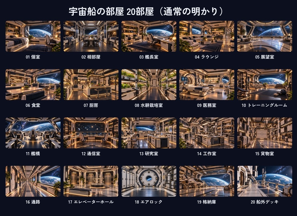 宇宙船の部屋の背景100枚|20部屋×5種類の明かり(通常・夜・警報・停電・惑星接近)|SF・ゲーム・配信用
