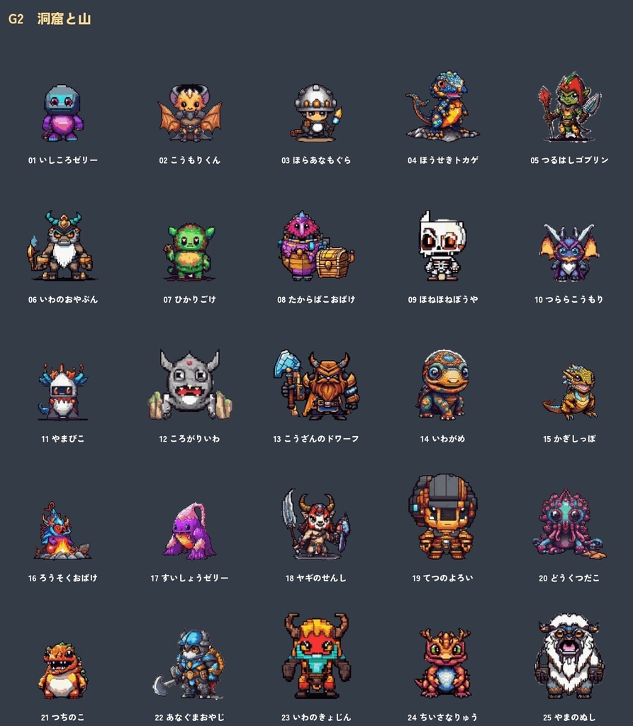 ドット絵モンスター100体セット|草原・洞窟・水辺・夜空の4つの生息地(透過PNG)