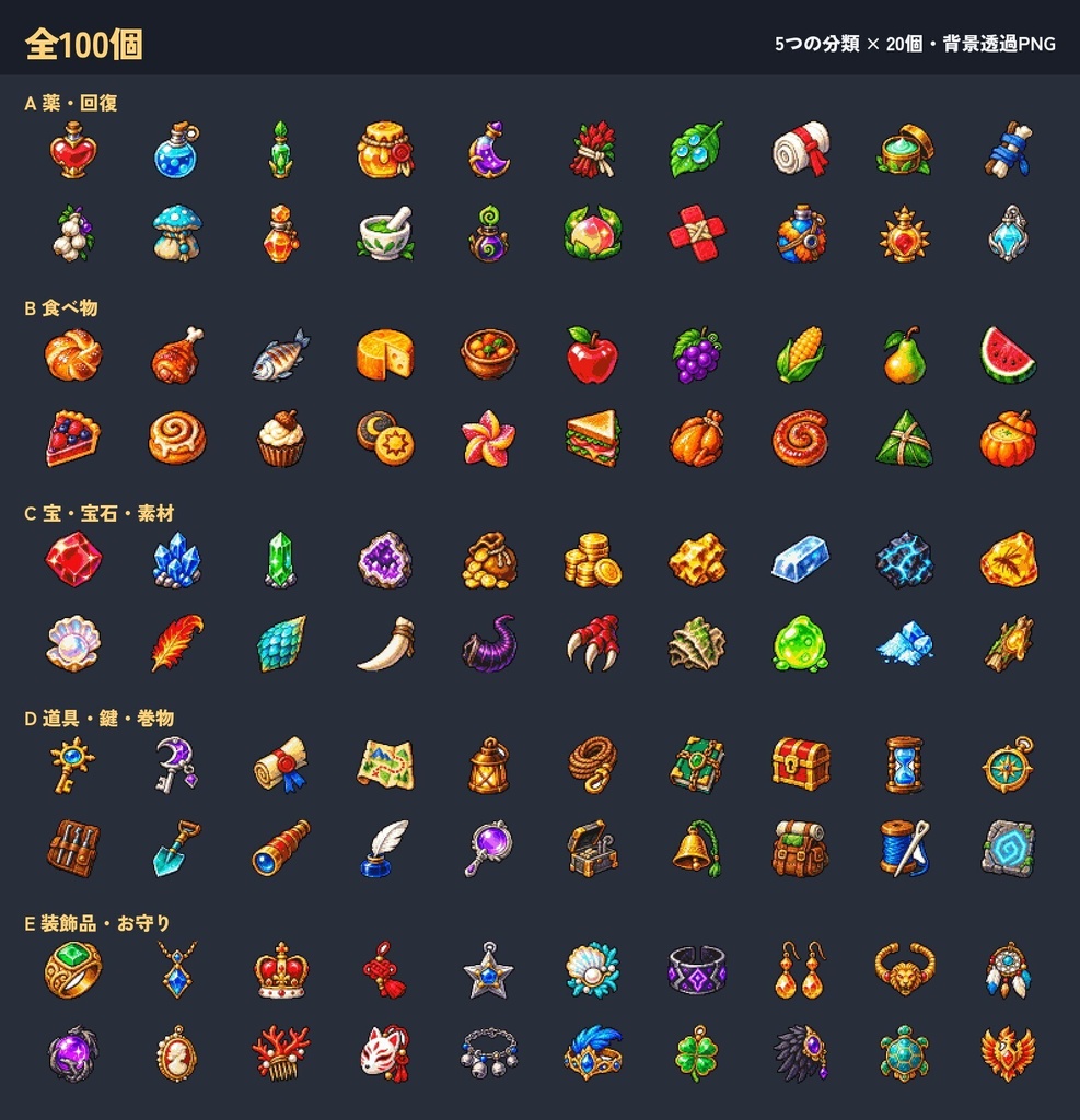 ドット絵アイテム100個セット|薬・食べ物・宝石・道具・装飾品のRPGアイコン(48×48・透過PNG)