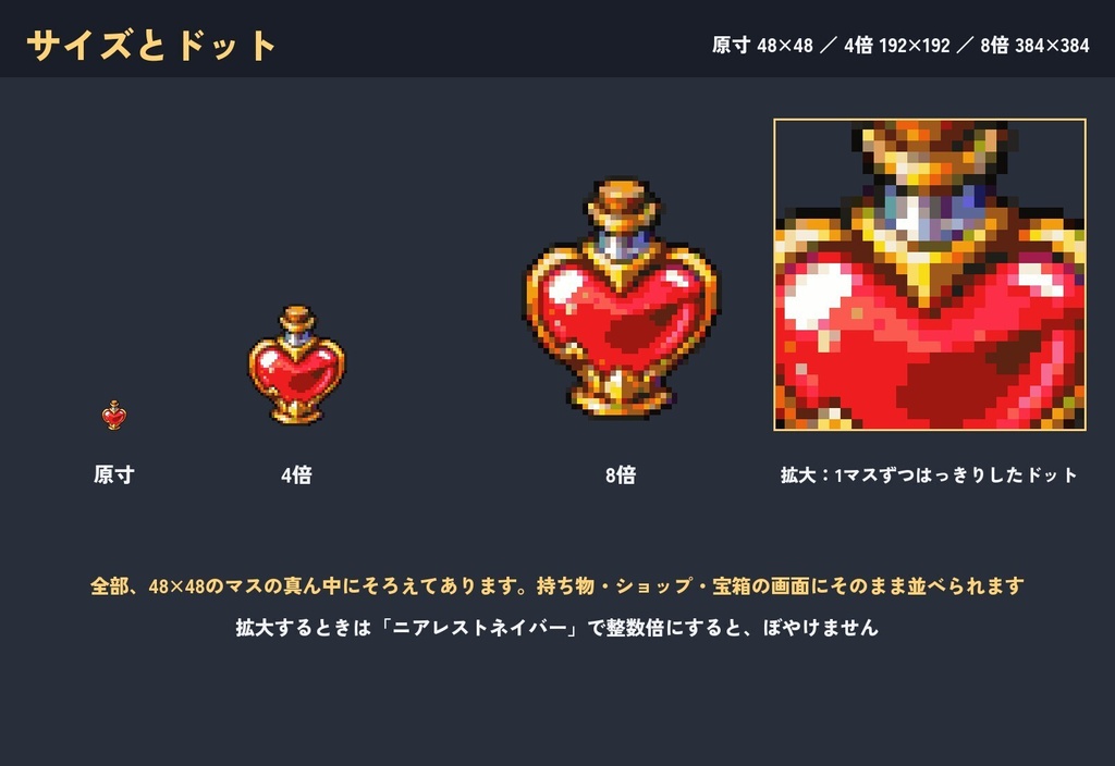 ドット絵アイテム100個セット|薬・食べ物・宝石・道具・装飾品のRPGアイコン(48×48・透過PNG)
