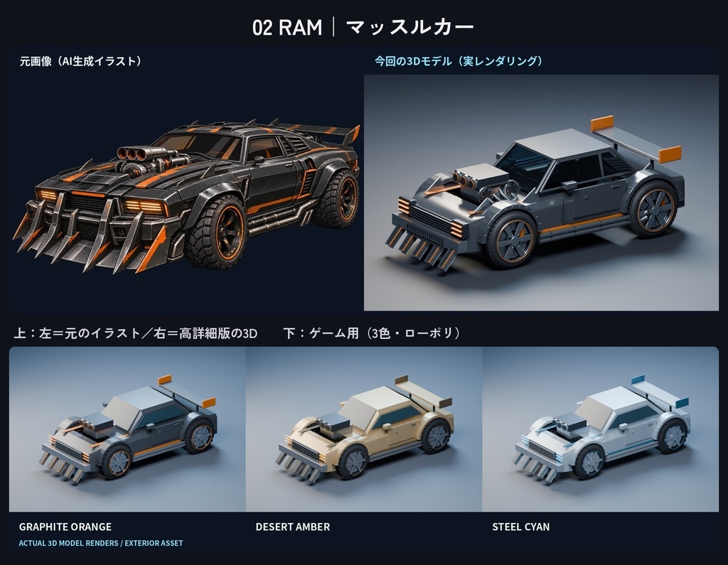乗り物素材|2Dイラスト50台は無料+3Dモデル5台|スポーツカー・戦闘バイク・装甲車・和風SF|ゲーム・配信用