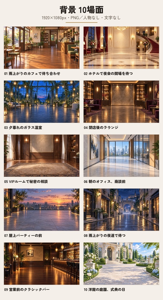 【無料】紳士キャラ10体と背景10場面|透過PNGの立ち絵+FullHD背景|タキシード・スーツ・ホスト風|ノベルゲーム・配信・TRPG用