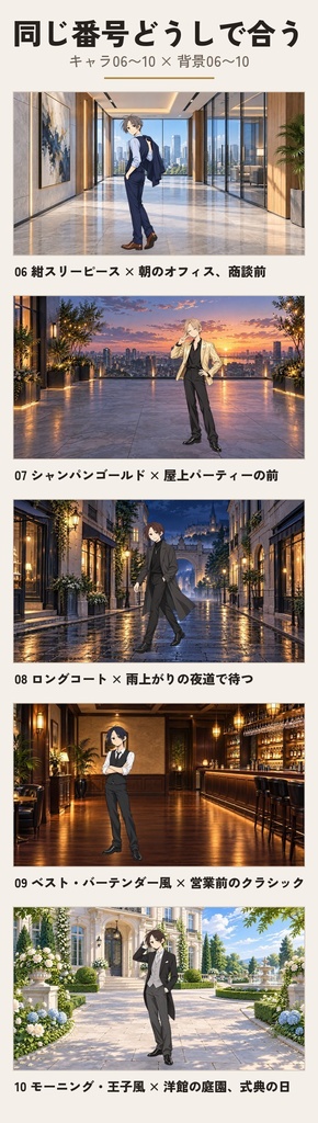 【無料】紳士キャラ10体と背景10場面|透過PNGの立ち絵+FullHD背景|タキシード・スーツ・ホスト風|ノベルゲーム・配信・TRPG用