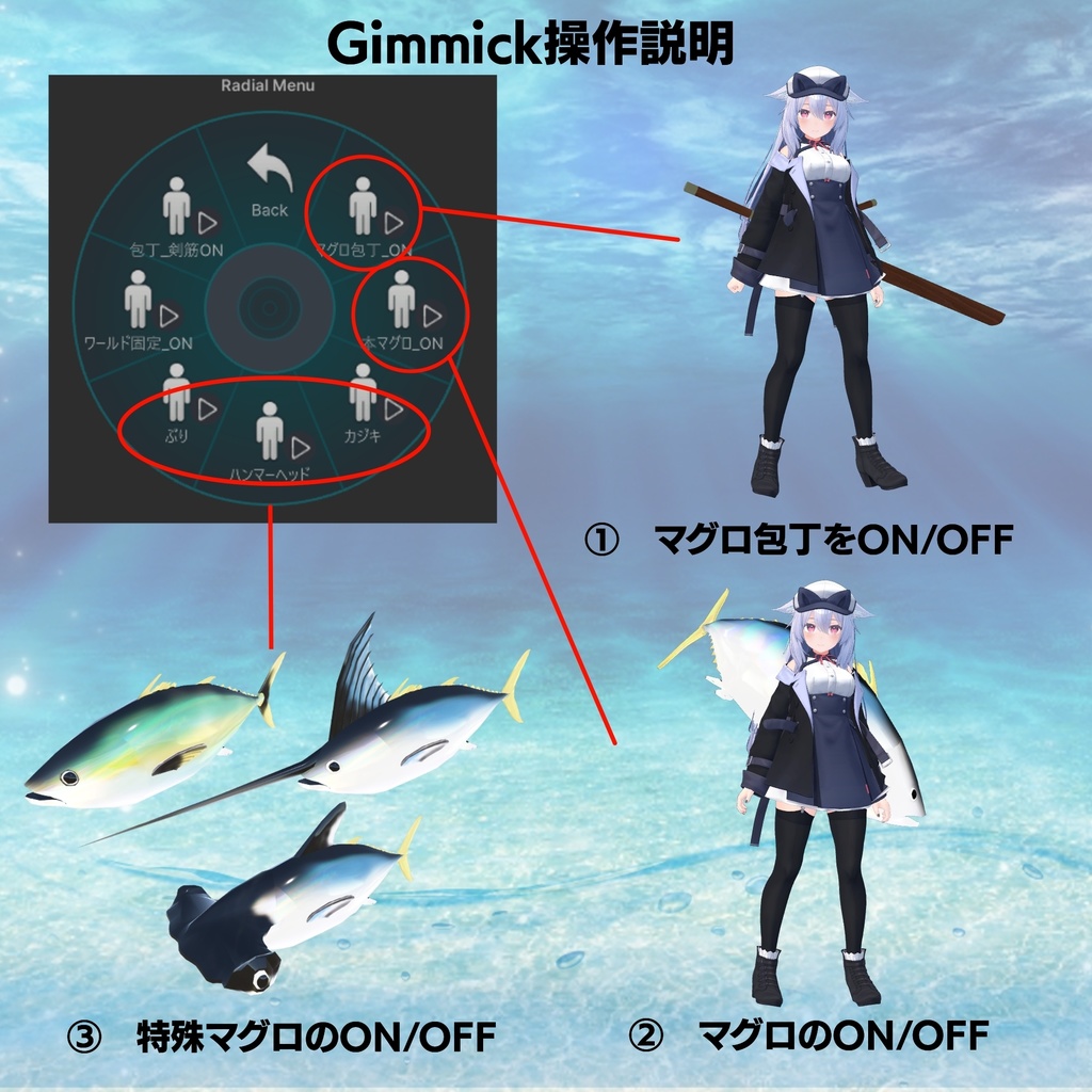 【ギミック付き3Dモデル】驚異の三鮪変形!本マグロ 冷凍鮪・マグロ包丁ギミック VRChat想定 MA対応