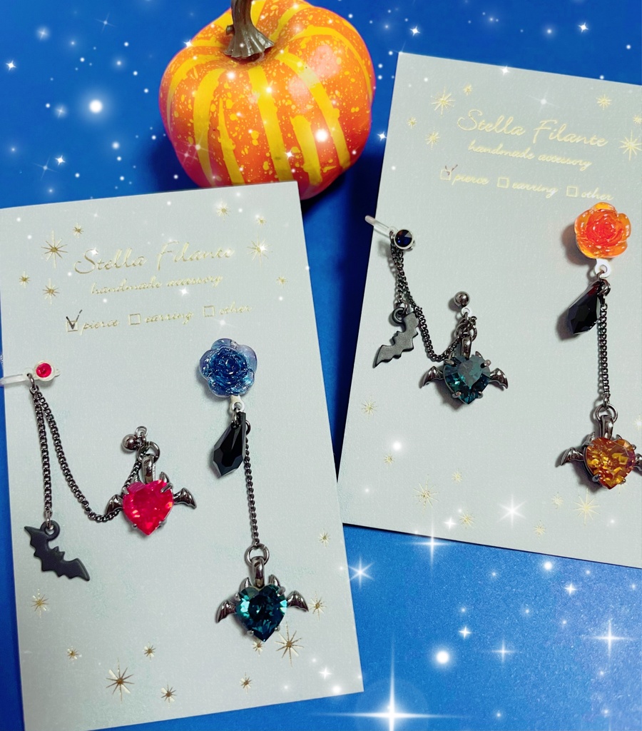 小悪魔ハートと薔薇のハロウィンピアス