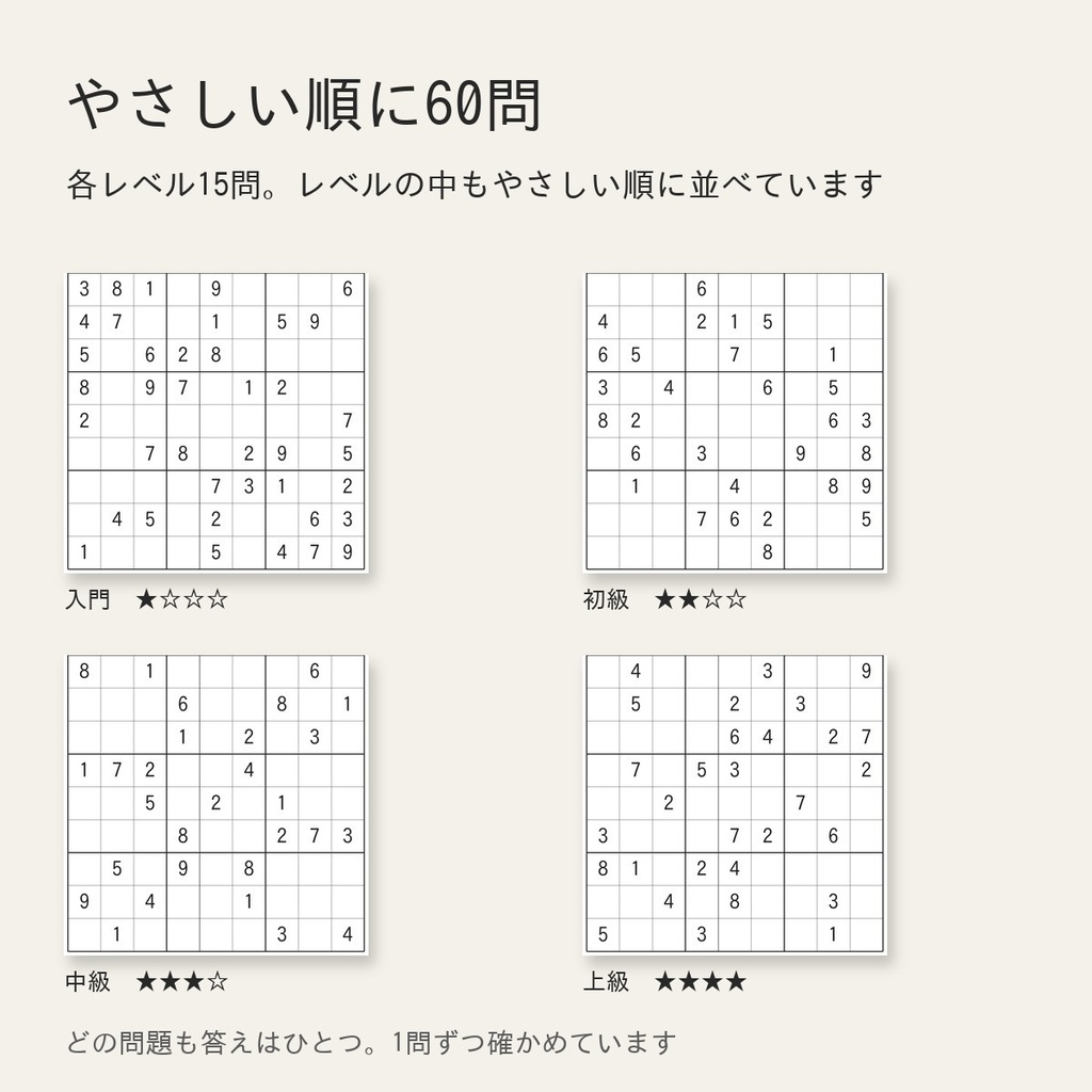 ナンプレ60問|解き方ガイドつき|入門〜上級 各15問・解答つき(A4印刷用PDF・大きな盤面版つき)