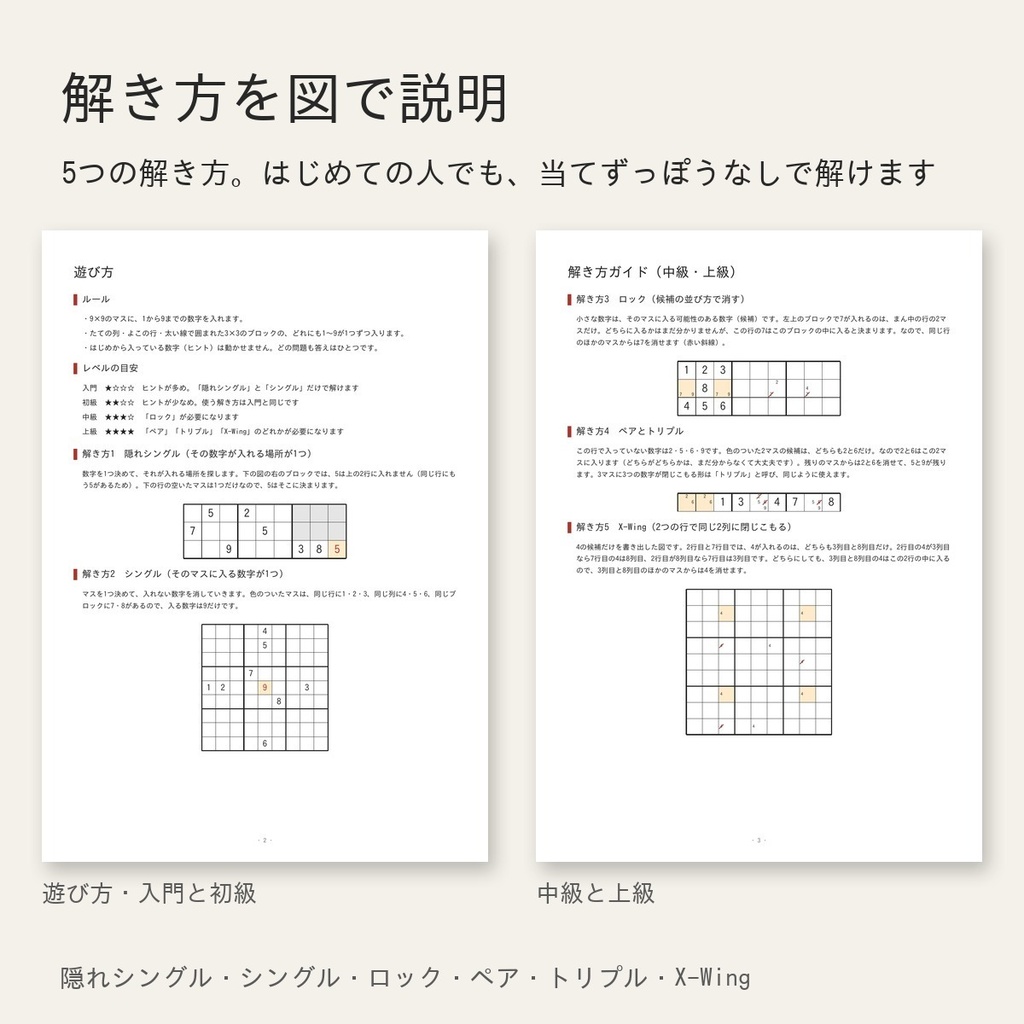 ナンプレ60問|解き方ガイドつき|入門〜上級 各15問・解答つき(A4印刷用PDF・大きな盤面版つき)