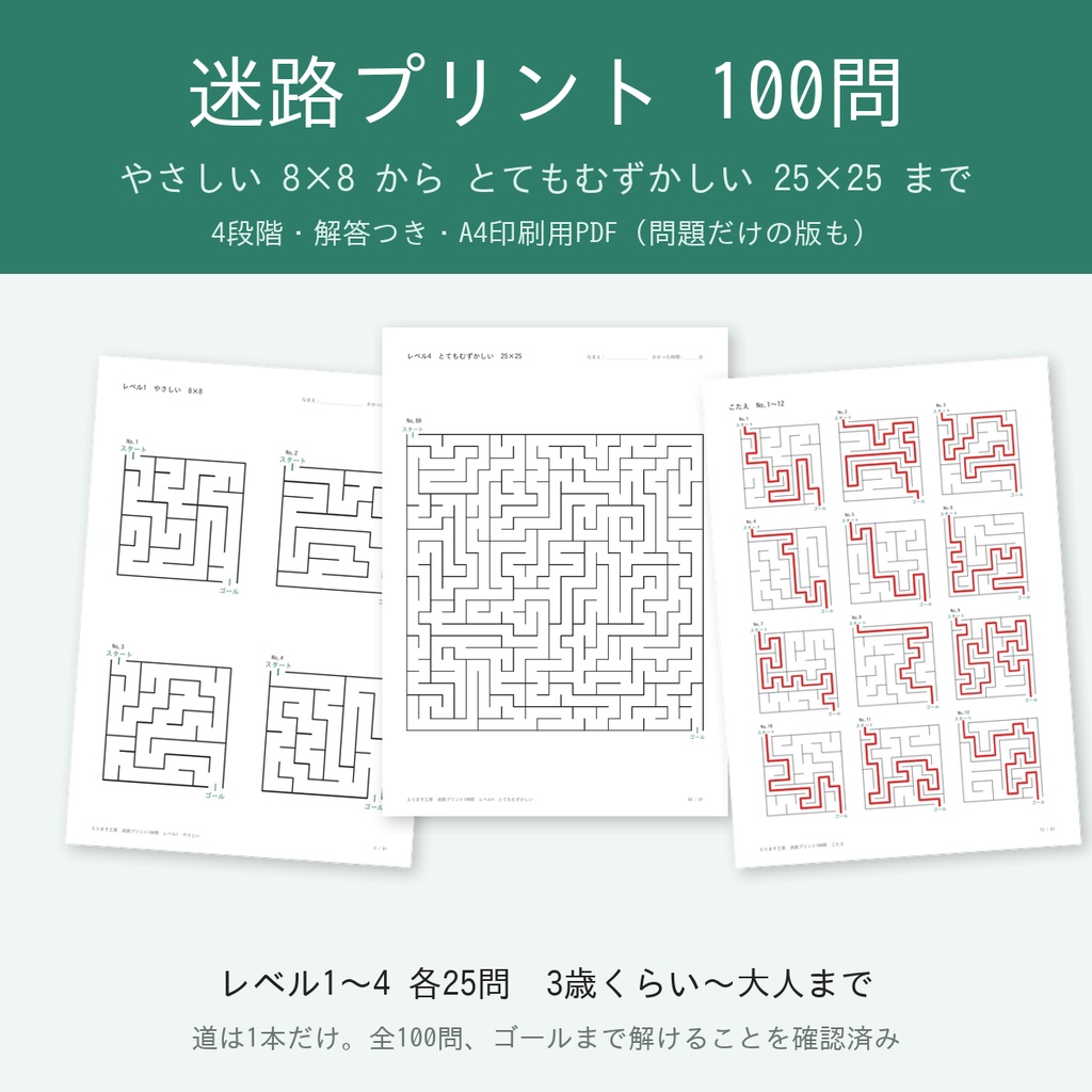 迷路プリント100問｜幼児〜小学生・大人まで4段階（8×8〜25×25）｜解答つき・問題だけの版も｜A4印刷用PDF
