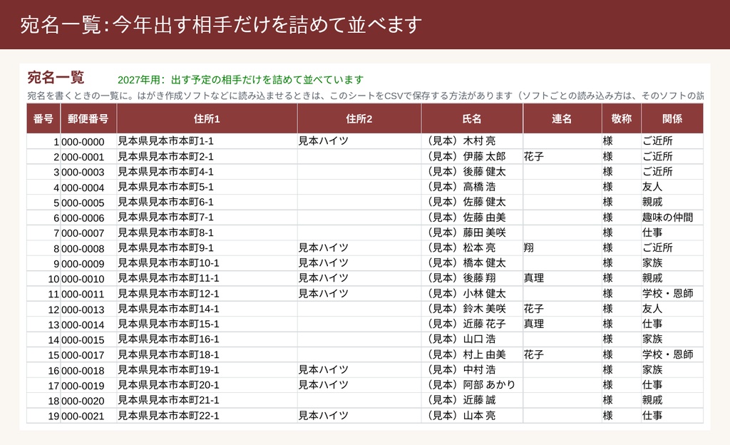 【Excel】年賀状・喪中と贈りものの管理帳|出す人数と枚数・返事がまだ・喪中・お返しがまだが自動でわかる住所録