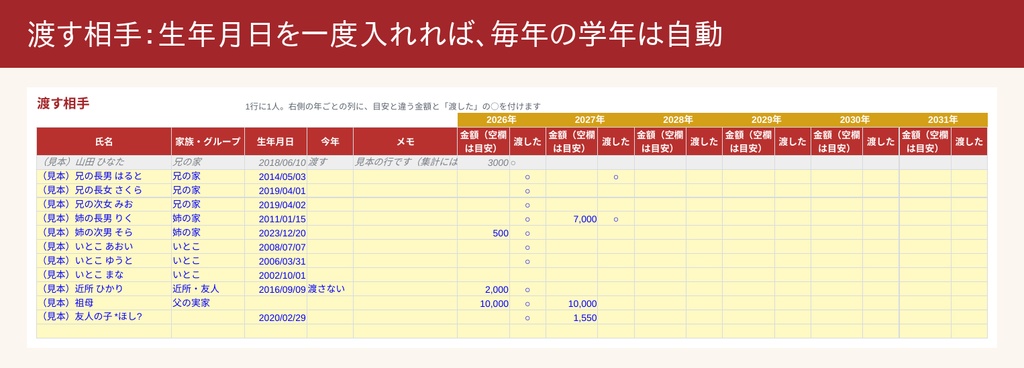 お年玉の管理帳(Excel)|生年月日から今年の学年を自動・新札の枚数・もらった分と貯金・6年分の記録