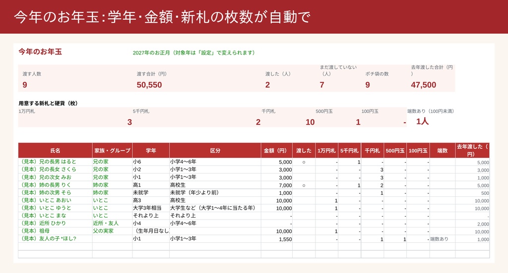 お年玉の管理帳(Excel)|生年月日から今年の学年を自動・新札の枚数・もらった分と貯金・6年分の記録