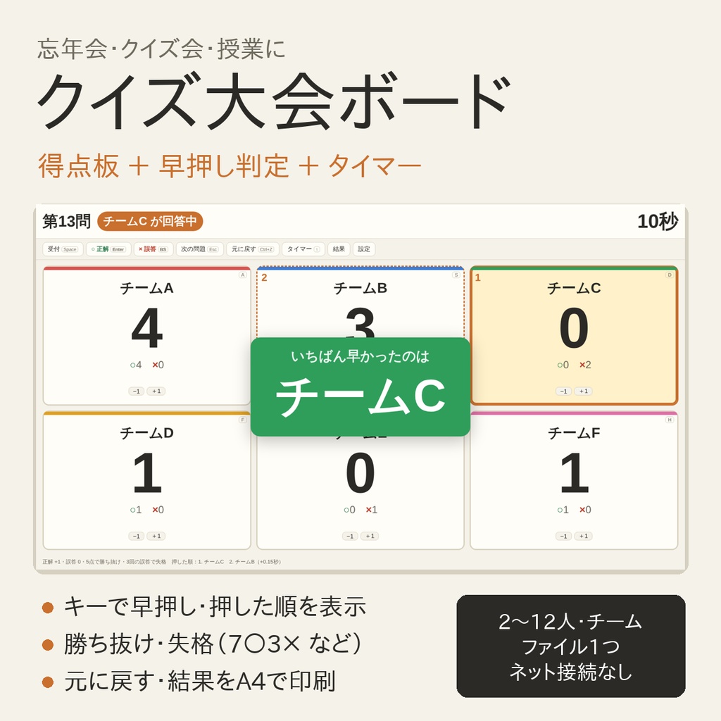 クイズ大会ボード|得点板・早押し判定・タイマー(忘年会・クイズ会・授業に/ブラウザで使う・ファイル1つ)