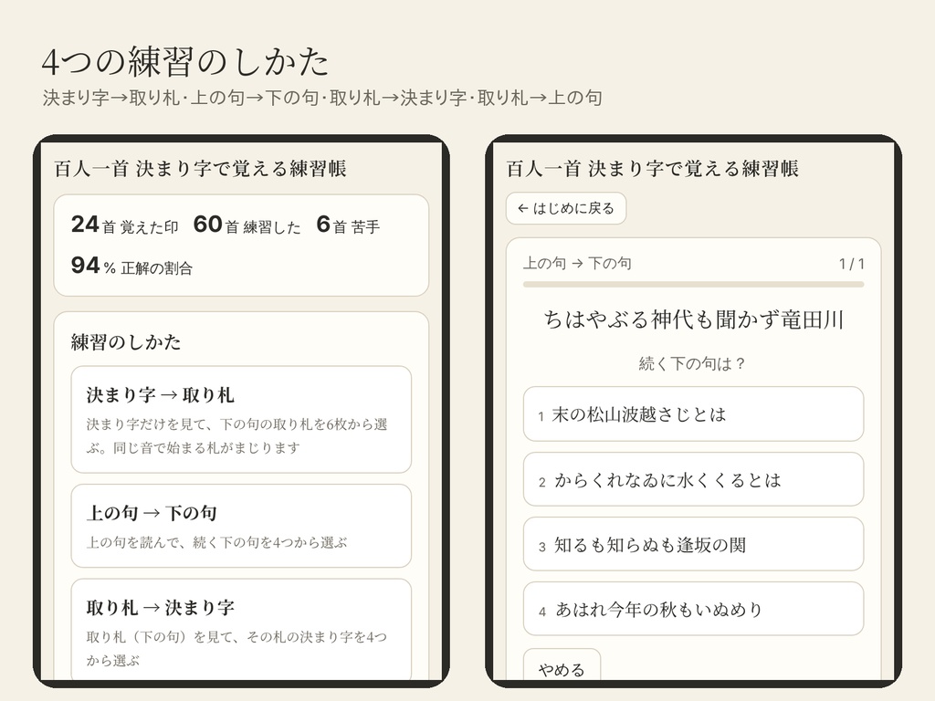 百人一首 決まり字で覚える練習帳|ブラウザで使う暗記・早取り練習(100首・スマホ/PC・ファイル1つ)