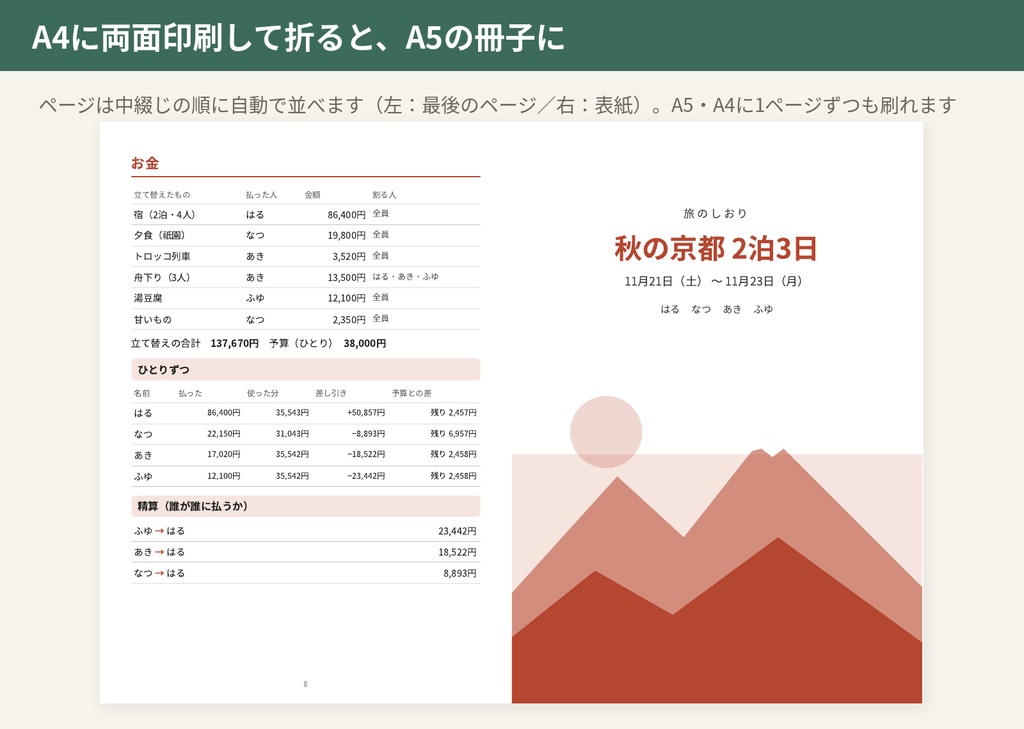 旅のしおりメーカー|日程・持ち物・割り勘の精算を入れるだけでA5冊子に(ブラウザで使う・ファイル1つ)