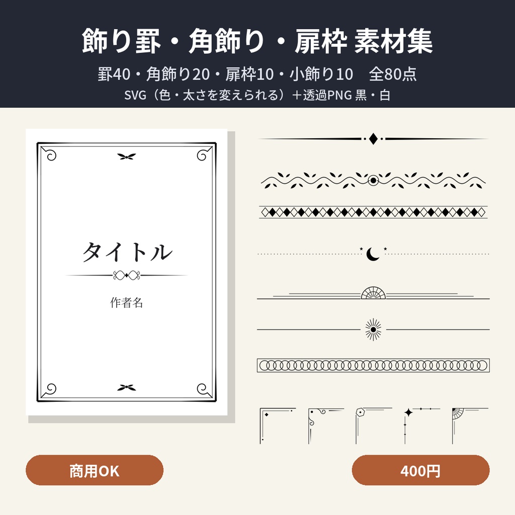 飾り罫・角飾り・扉枠 素材集 全80点｜SVG＋透過PNG（黒・白）｜同人誌・小説本の扉・目次に｜商用OK