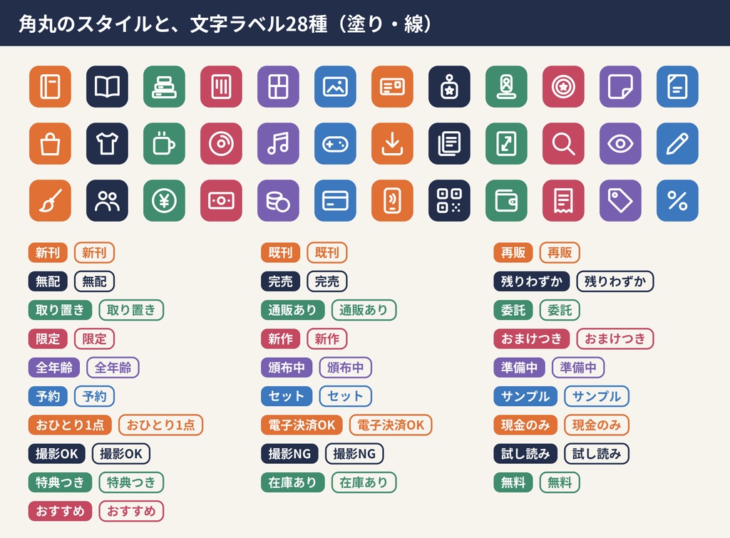 即売会・お品書きアイコン 81種+文字ラベル28種|新刊・既刊・頒布物・支払い方法|SVG+透過PNG(黒・白)|商用OK