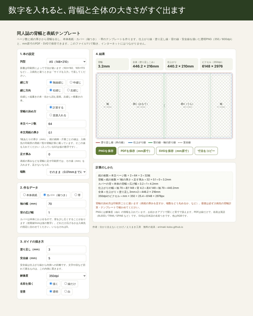 同人誌の背幅と表紙テンプレート|本体表紙・カバー(袖つき)・帯をPNG/PDF/SVGで作る【HTML1ファイル・オフライン】