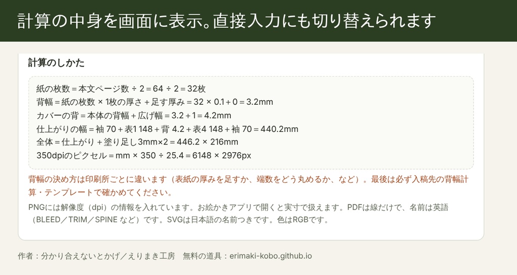 同人誌の背幅と表紙テンプレート|本体表紙・カバー(袖つき)・帯をPNG/PDF/SVGで作る【HTML1ファイル・オフライン】