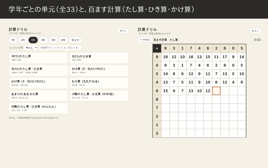 計算ドリル 小1〜小6|ブラウザで解く・その場で丸つけ・A4プリント印刷つき(HTML1ファイル)