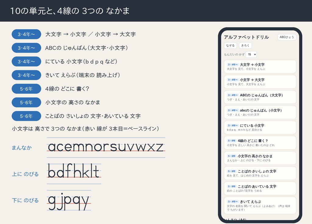 アルファベットドリル 小学3〜6年｜大文字・小文字・4線の高さ・にている文字・なぞりがきプリント（HTML1ファイル）