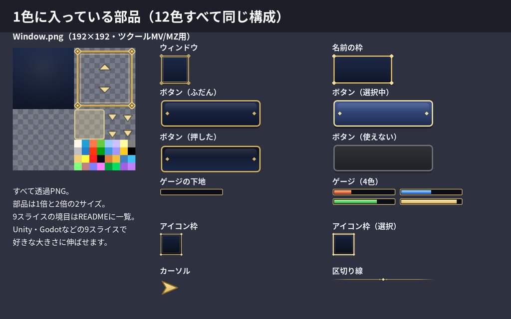 ゲームUI素材 4テーマ×3色｜ウィンドウ・ボタン・ゲージ・アイコン枠｜ツクールMV/MZ用Window.png12種＋9スライス部品｜商用OK