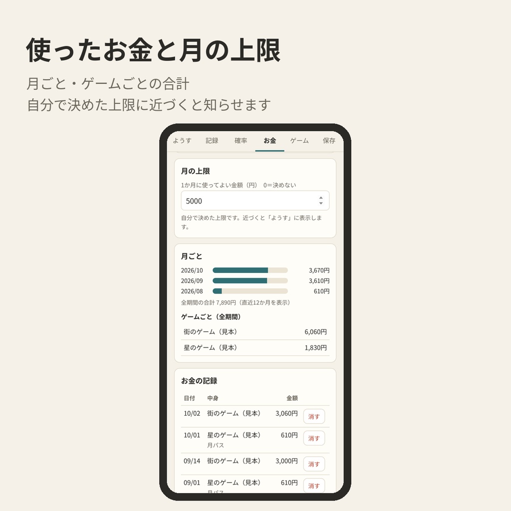 ガチャの記録と天井計算帳|天井まであと何回・当たる確率・課金の月上限をスマホで(HTML1ファイル)