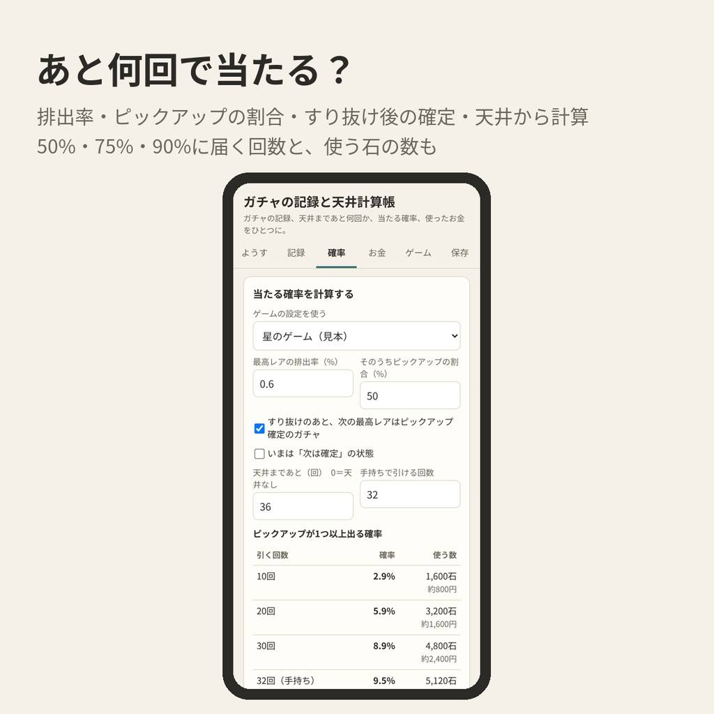 ガチャの記録と天井計算帳|天井まであと何回・当たる確率・課金の月上限をスマホで(HTML1ファイル)