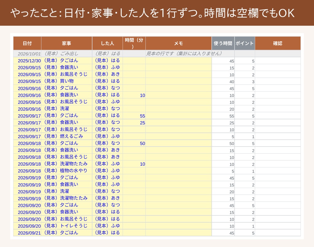 家事分担表(Excel)|曜日と交代を決めると1か月の当番表が自動でできる・予定とやった時間・お手伝いポイント|6人まで