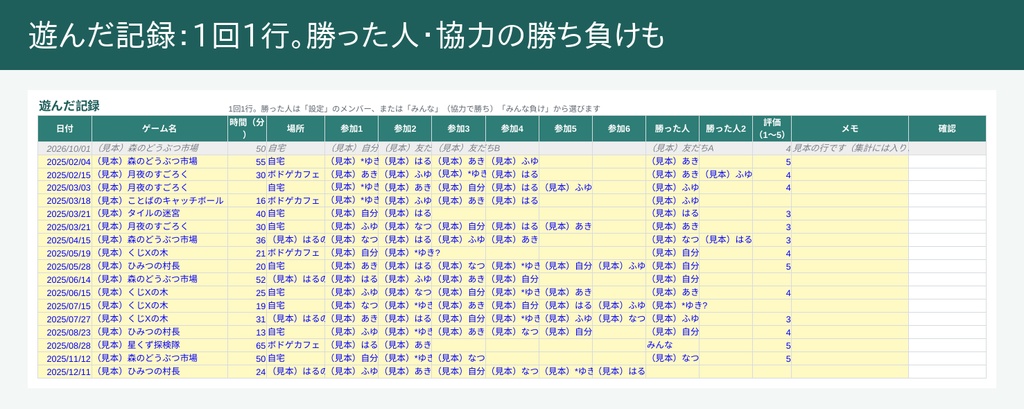 ボードゲームの記録帳(Excel)|遊んだ回数・メンバーの勝率・積みボドゲ・今日なにするが自動で