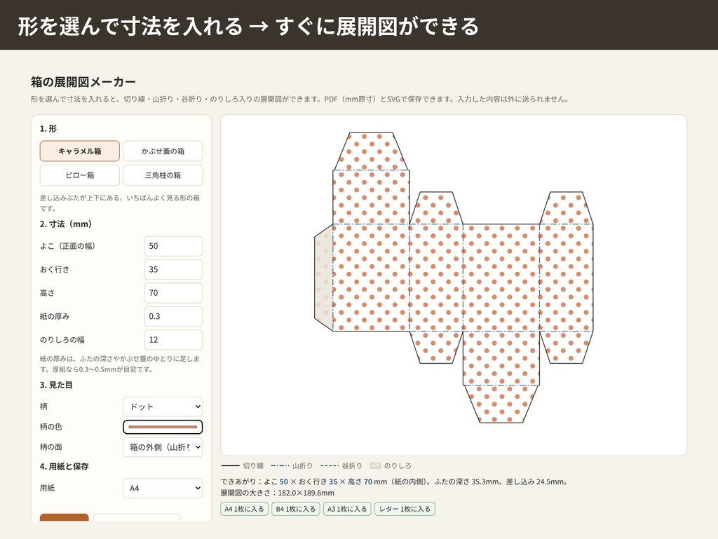 箱の展開図メーカー|寸法を入れるだけ・キャラメル箱/かぶせ蓋/ピロー箱/三角柱|PDF原寸・SVG(ブラウザで使う)