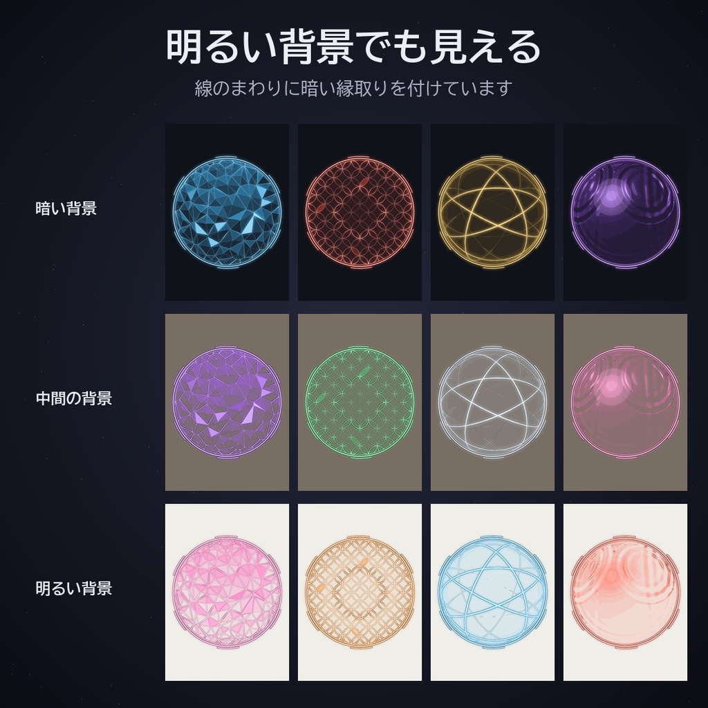 幾何学の光 結界セット|ココフォリア用 動く結界 4種×8色(張る・ループ・割れる)APNG/WebP