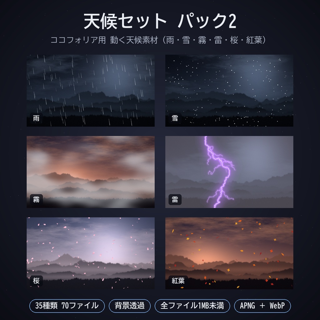 天候セット パック2｜ココフォリア用 動く天候素材（雨・雪・霧・雷・桜・紅葉）35種 APNG／WebP