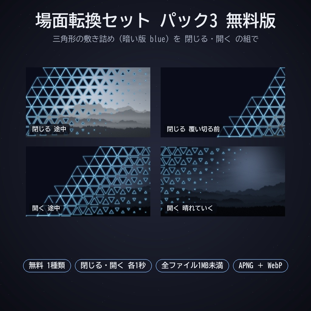 場面転換セット パック3|ココフォリア用 動く場面転換素材(閉じる・開く)6種 暗い版・白版 APNG/WebP