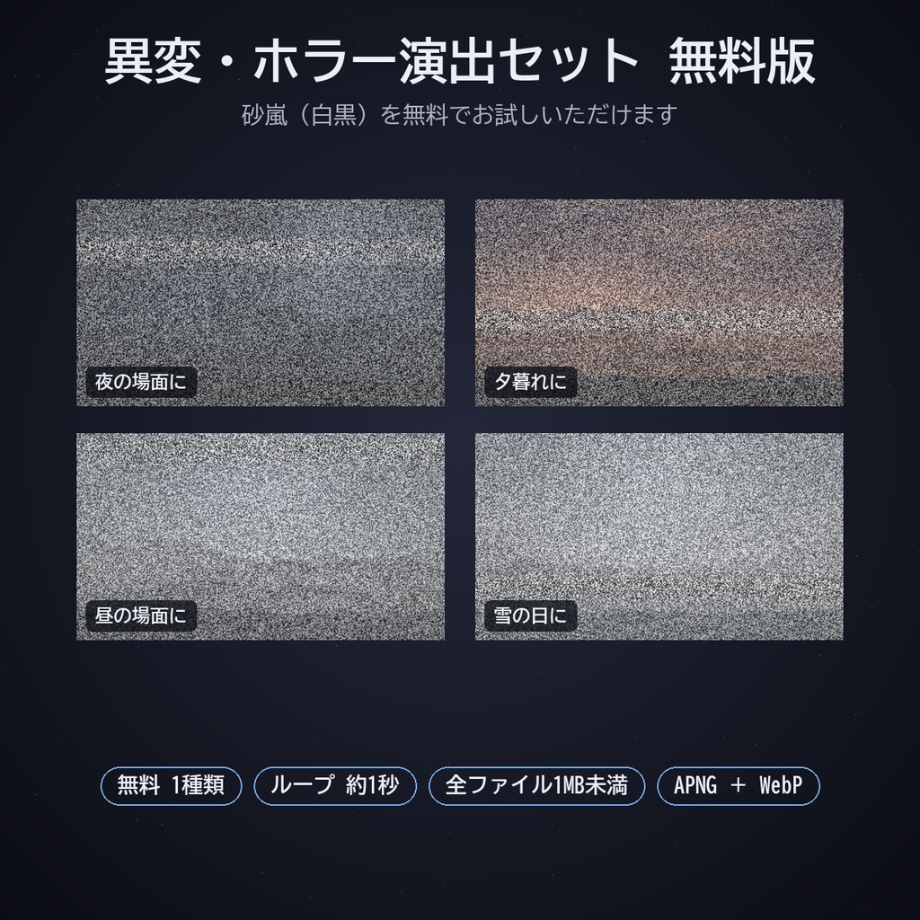 異変・ホラー演出セット|ココフォリア用 砂嵐・走査線・血の滴り・照明のちらつき・這う闇ほか 8種×色違い APNG/WebP