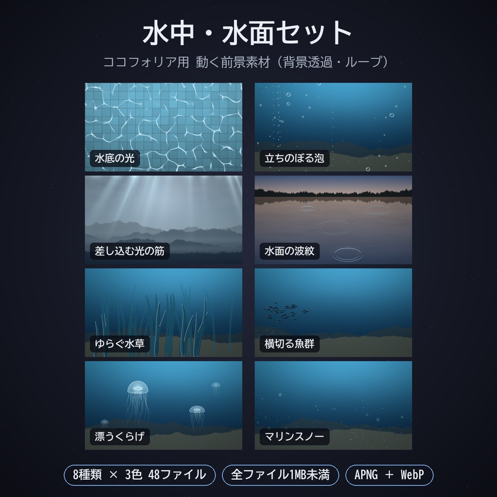 水中・水面の動く素材|ココフォリア用 水底の光・泡・光の筋・波紋・水草・魚群・くらげ・マリンスノー 8種×3色 APNG/WebP