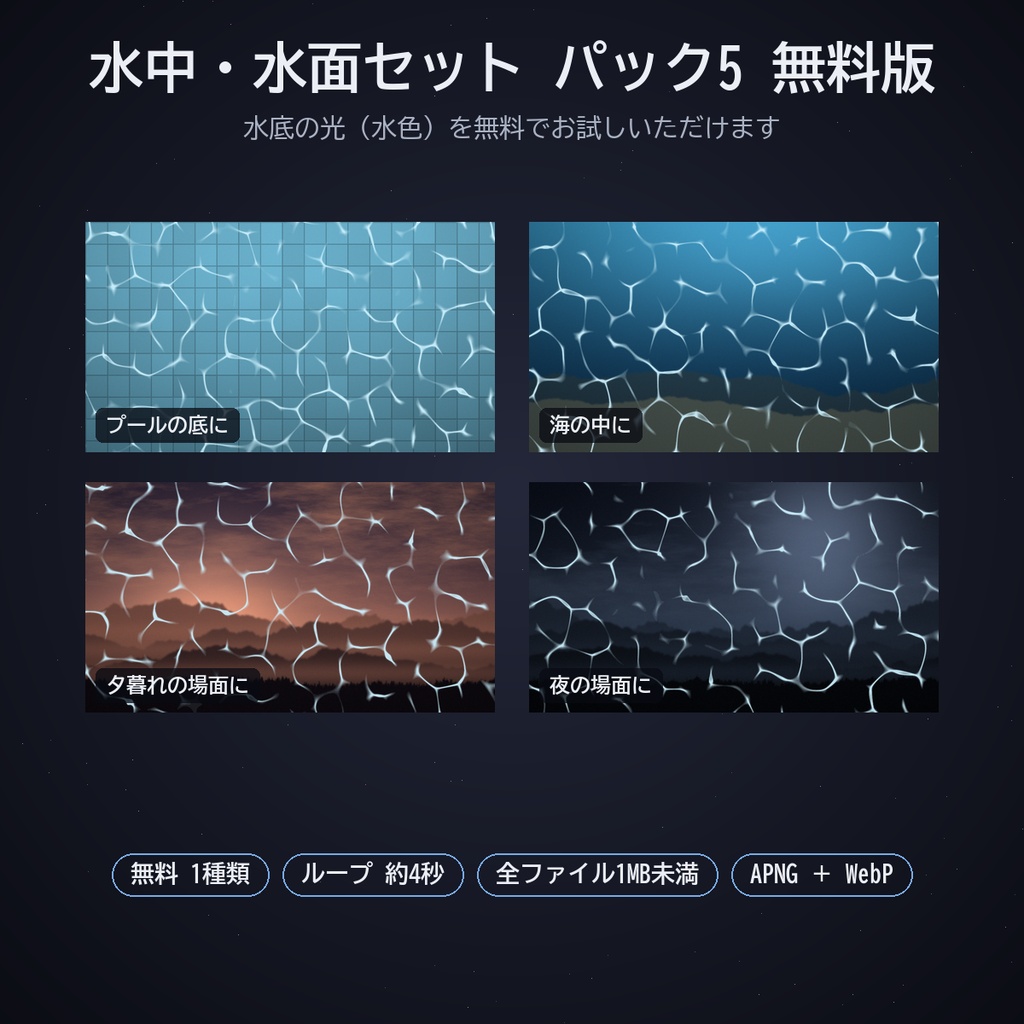 水中・水面セット パック5|ココフォリア用 動く水中演出素材(水底の光・泡・光の筋・波紋)4種×3色 APNG/WebP