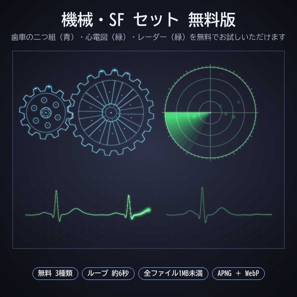 機械・SF セット|ココフォリア用 動く歯車・心電図・警報ランプ・レーダー・ホログラム・メーター素材 21種×4色 APNG/WebP