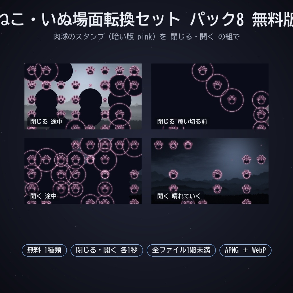 ねこ・いぬ場面転換セット パック8|ココフォリア用 かわいい場面転換素材(閉じる・開く)8種 暗い版・白版 APNG/WebP
