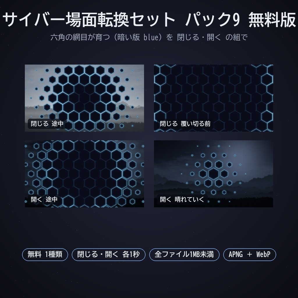 サイバー場面転換セット パック9|ココフォリア用 サイバー系の場面転換素材(閉じる・開く)6種 暗い版・白版 APNG/WebP