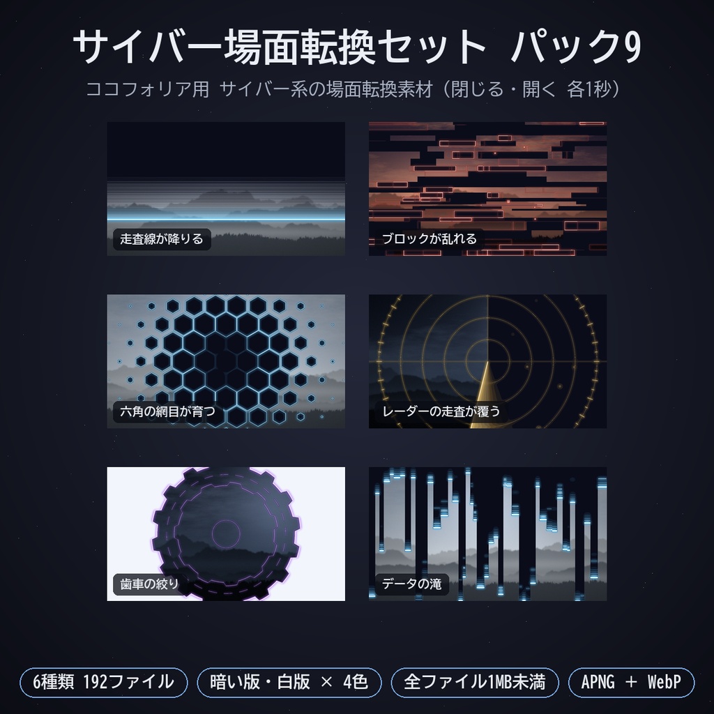 サイバー場面転換セット パック9｜ココフォリア用 サイバー系の場面転換素材（閉じる・開く）6種 暗い版・白版 APNG／WebP