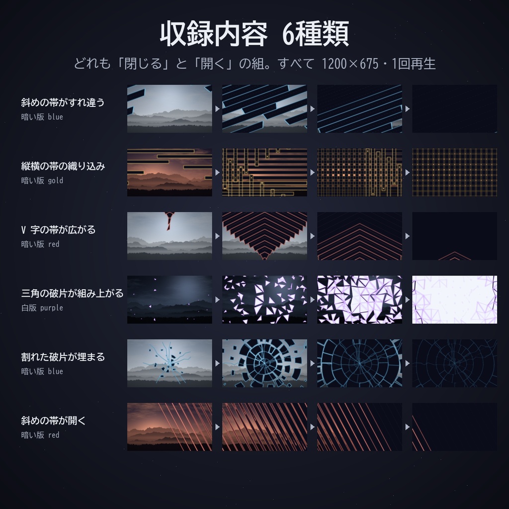 帯・破片場面転換セット パック10|ココフォリア用 帯と破片の場面転換素材(閉じる・開く)6種 暗い版・白版 APNG/WebP