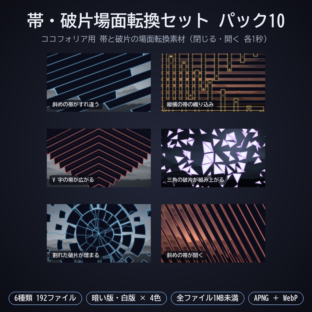 帯・破片場面転換セット パック10|ココフォリア用 帯と破片の場面転換素材(閉じる・開く)6種 暗い版・白版 APNG/WebP