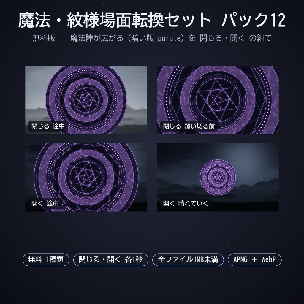 魔法・紋様場面転換セット パック12|ココフォリア用 魔法と紋様の場面転換(閉じる・開く)6種 暗い版・白版 APNG/WebP