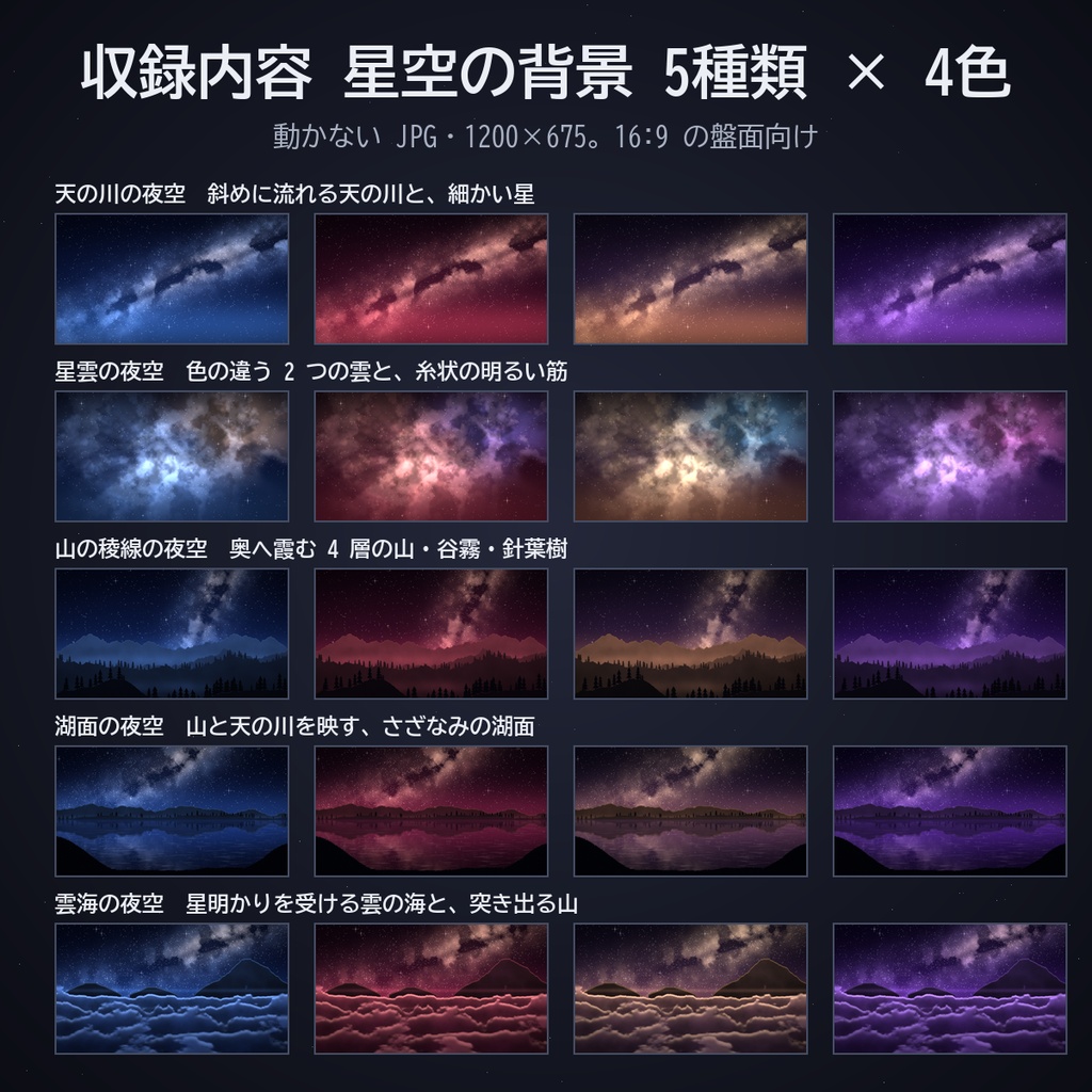 星空の部屋セット|ココフォリア用 星空背景・湖面・雲海・彗星・月明かり・オーロラ素材 背景5種+動く素材5種×4色 JPG/APNG/WebP